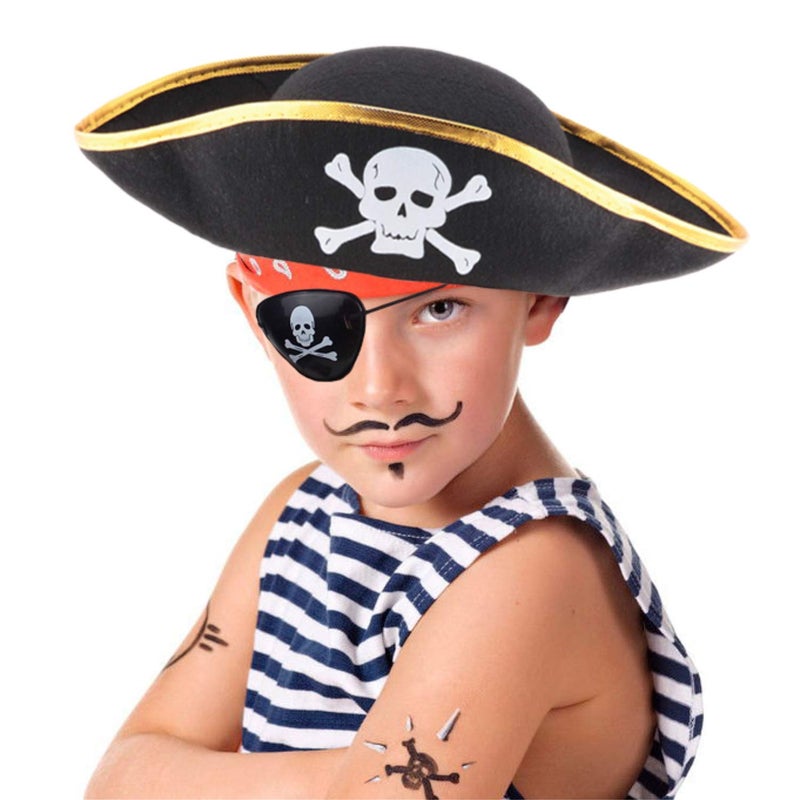D-Fokes 2 Packs Kids Felt Pirate Hat - Tri Corner Pirate Party Hat - Skull Print Pirate Captain Costume - Party, Birthday, Halloween Accessories with Eye Patch - Image 1